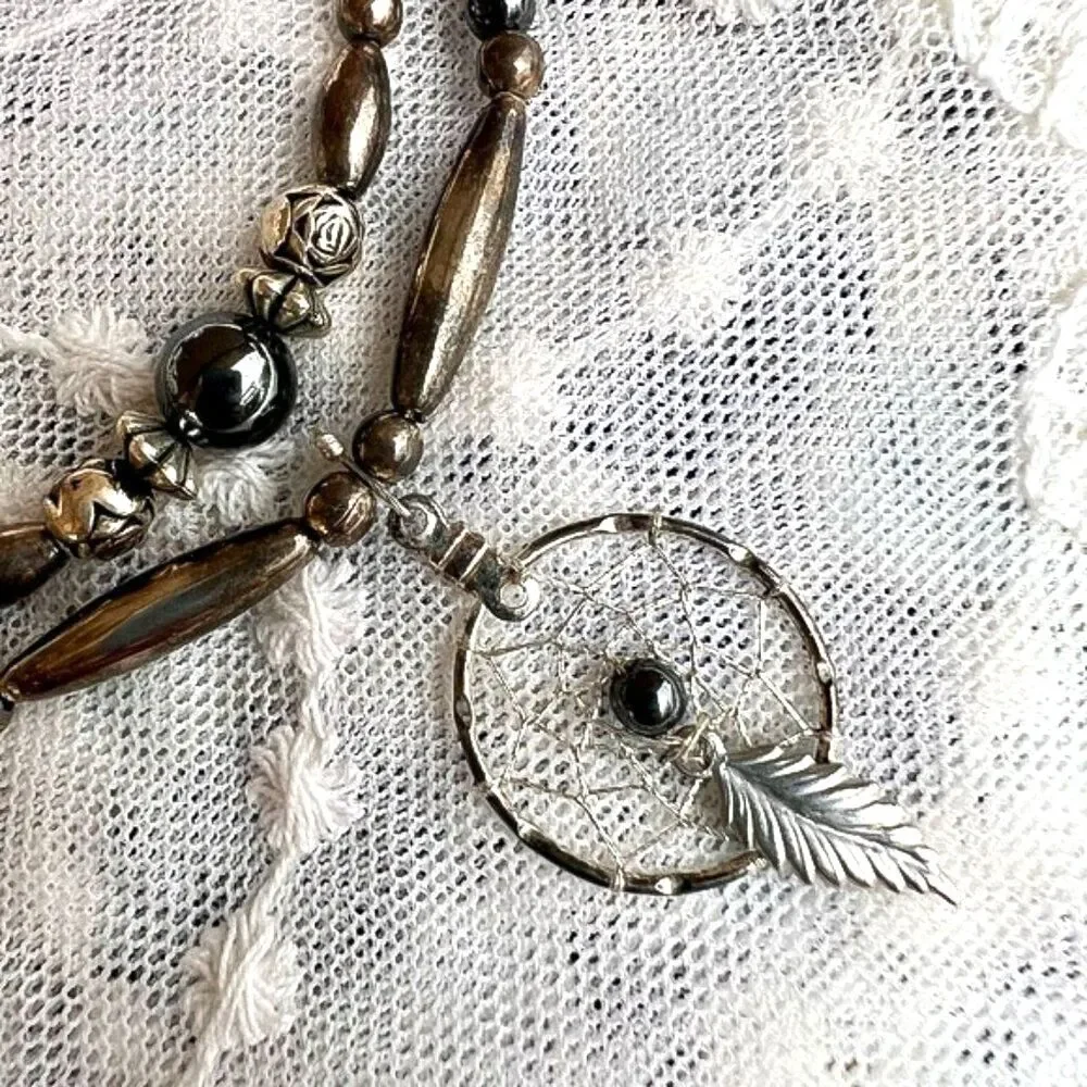 Vintage 70's/80's Silver & Hematite Dreamcatcher Necklace